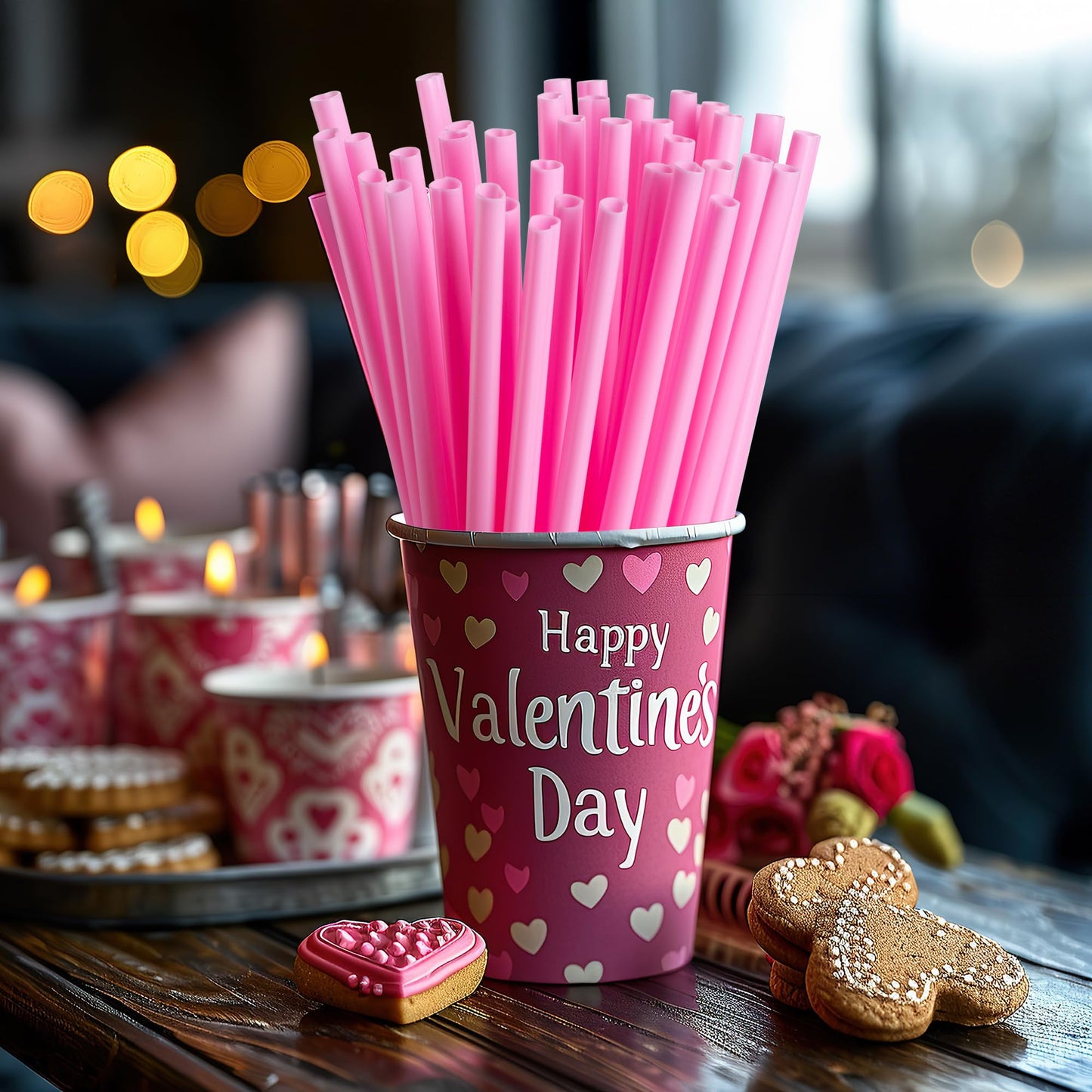 60 Pcs Heart Shaped Pink Straws Disposable Plastic Cute Straw Individually Wrapped Valentines Day Cocktail Birthday Party Bridal Shower Wedding Supplies hello kitty party decorations