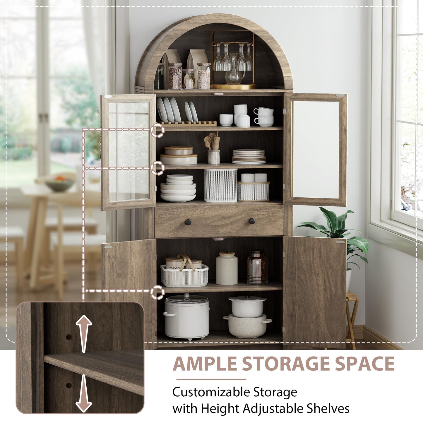 VAXZOFI Arched Kitchen Pantry Cabinet, 71" Tall Wood Kitchens Storage Cabinets with Glass Door and Adjustable Shelves, Modern Farmhouse Versatile Cupboard for Kitchen, Dining Room, Bathroom