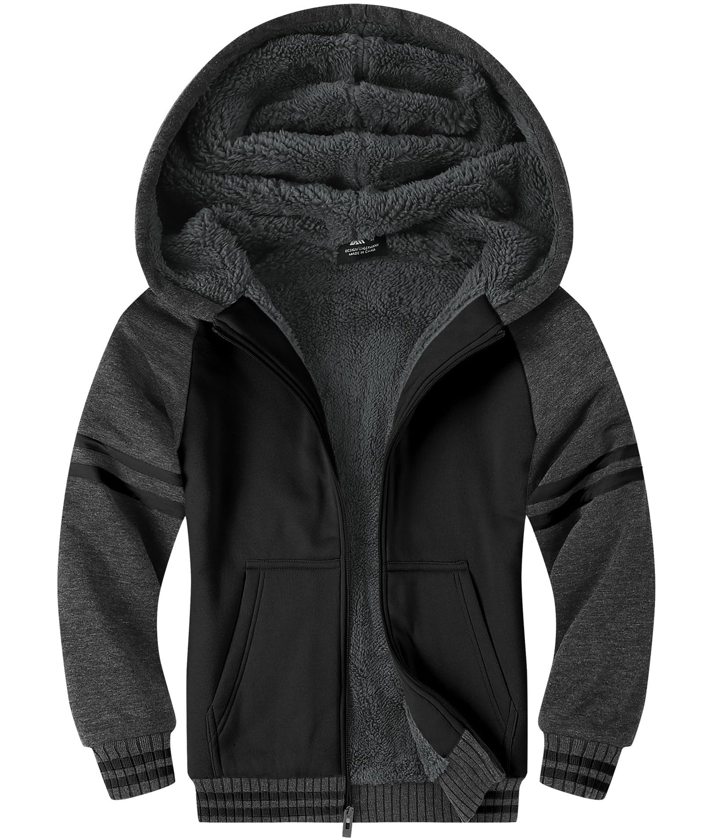 LLdress Boys Hoodie Kids Fleece Sherpa Lined Jacket Youth Zip Up Heavyweight Hooded Sweatshirt Teen Winter Warm Coat Grey Black Size 6-7