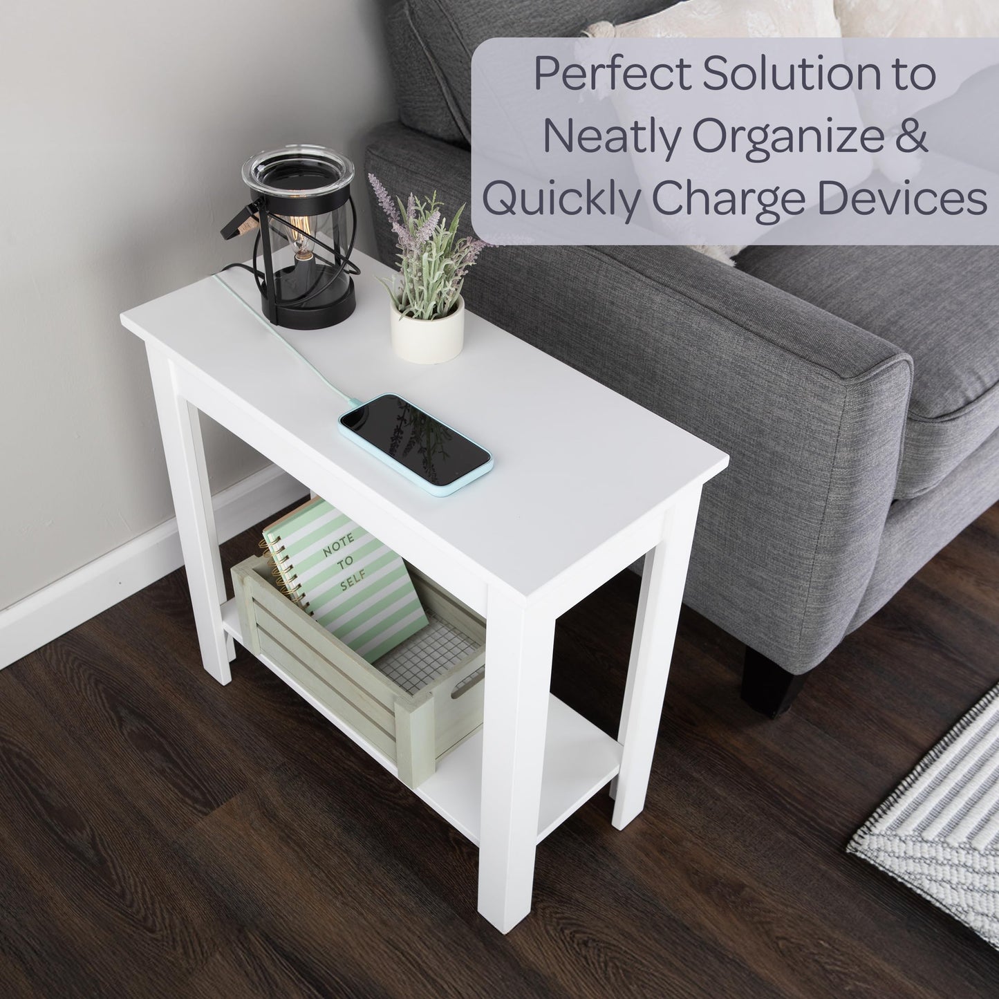 Lavish Home Narrow Side Table with Charging Station - Small End Table with 2 USB Ports, 2 Power Outlets, and Storage Shelf - Slim Nightstand for Living Room, Bedroom, or Small Spaces (White)