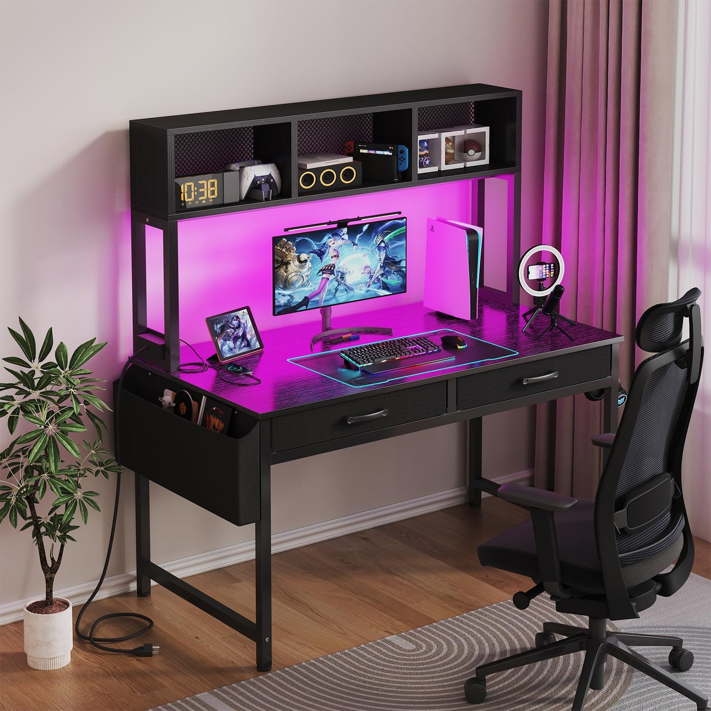 Black Gaming Desk with Hutch and Shelves - Gaming Computer Desk with 2 Storage Drawers, LED Light and Power Outlets, 47 Inch Working Modern Writing Study Desks for Bedroom Home Office