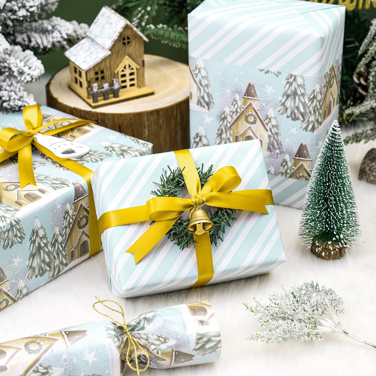 WRAPAHOLIC 30 Inch Jumbo Reversible Christmas Wrapping Paper - 30 Inch X 100 Feet Jumbo Roll Silver and White Christmas Tree and House Printed on Pearlized Paper