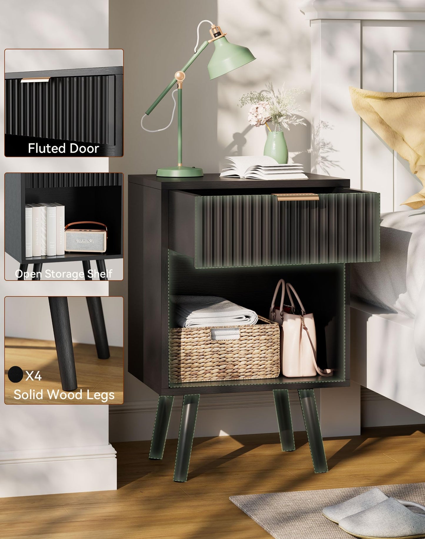 YMYNY Mid Century Modern Nightstand, Side Table, Fluted Night Stand with Drawer, Open Shelf Unit, Golden Handle, Solid Wood Legs, Bedside Table, for Bedroom, Black UHST013B