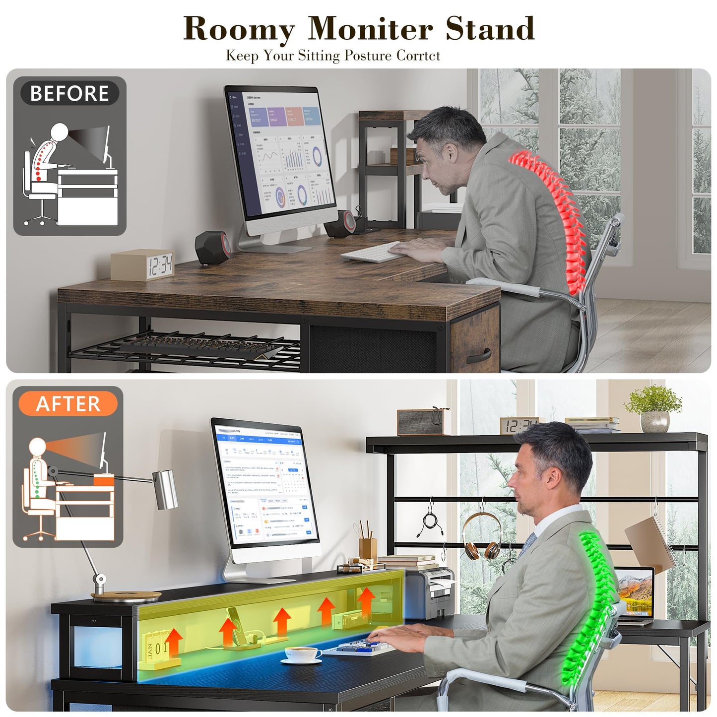EnHomee L Shaped Gaming Desk with LED Light & Power Outlet, Reversible Computer Desk with Hutch & Drawer, Home Office Desks with Hooks & Monitor Stand, Black