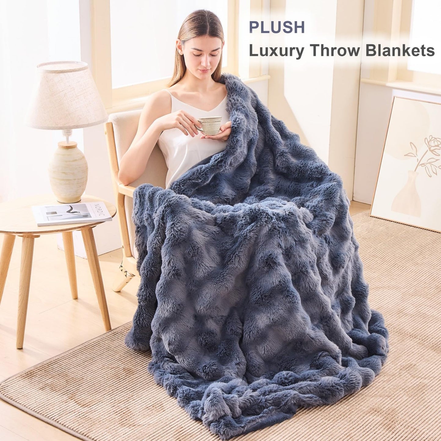 DOISING Soft Cozy Plush Faux Rabbit Fur Grey Throw Blanket, Decorative Boho Fluffy Blanket for Couch Bed Sofa Chair and Living Room, Luxury Fuzzy Fleece Winter Throw Blankets for Women, 50x60''