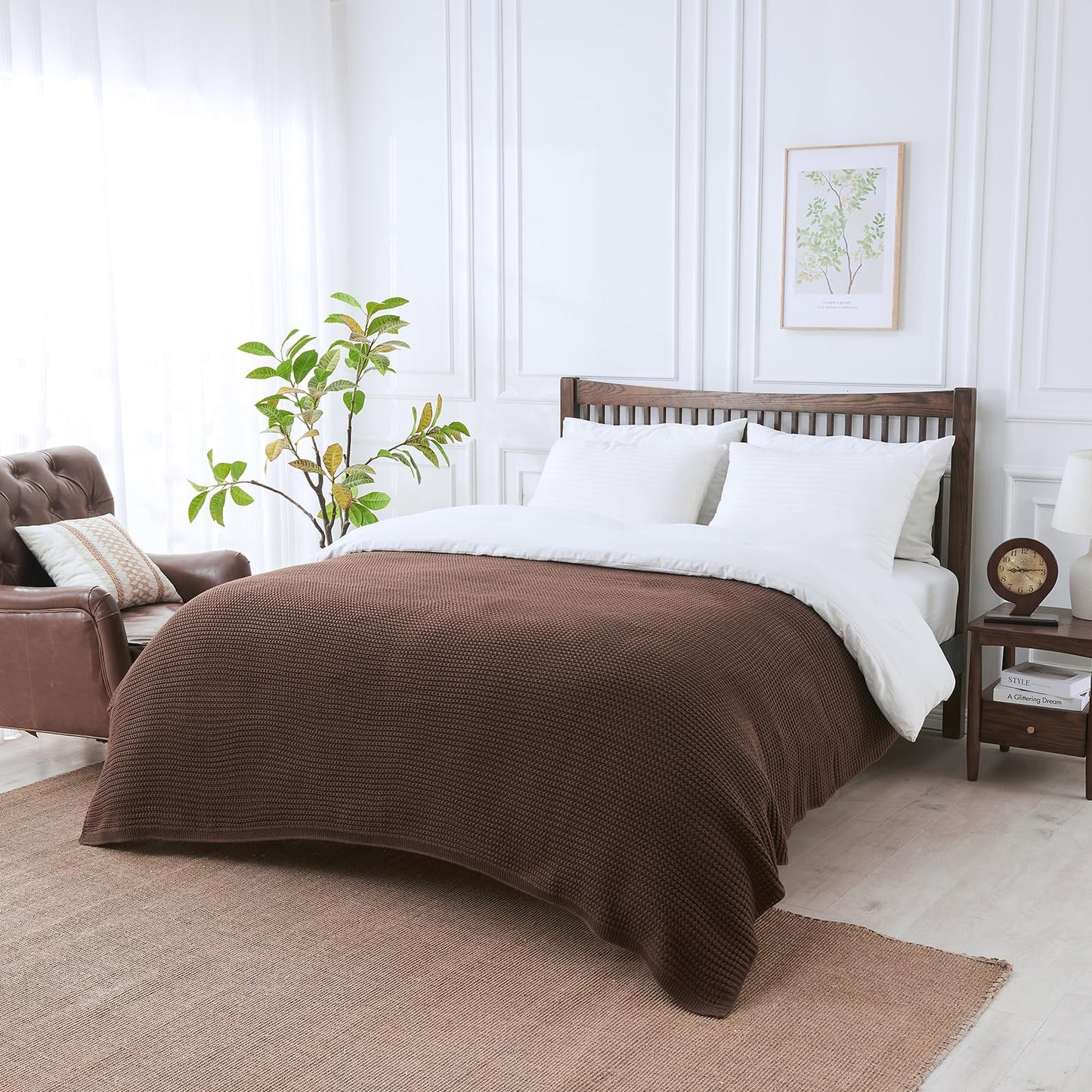 Douceur Brown Throw Blanket for Bed, Soft Chunky Cable Knit Throw Blanket, Classic Fisherman's Rib Stitch Pattern Throw for Living Room,60"X80"