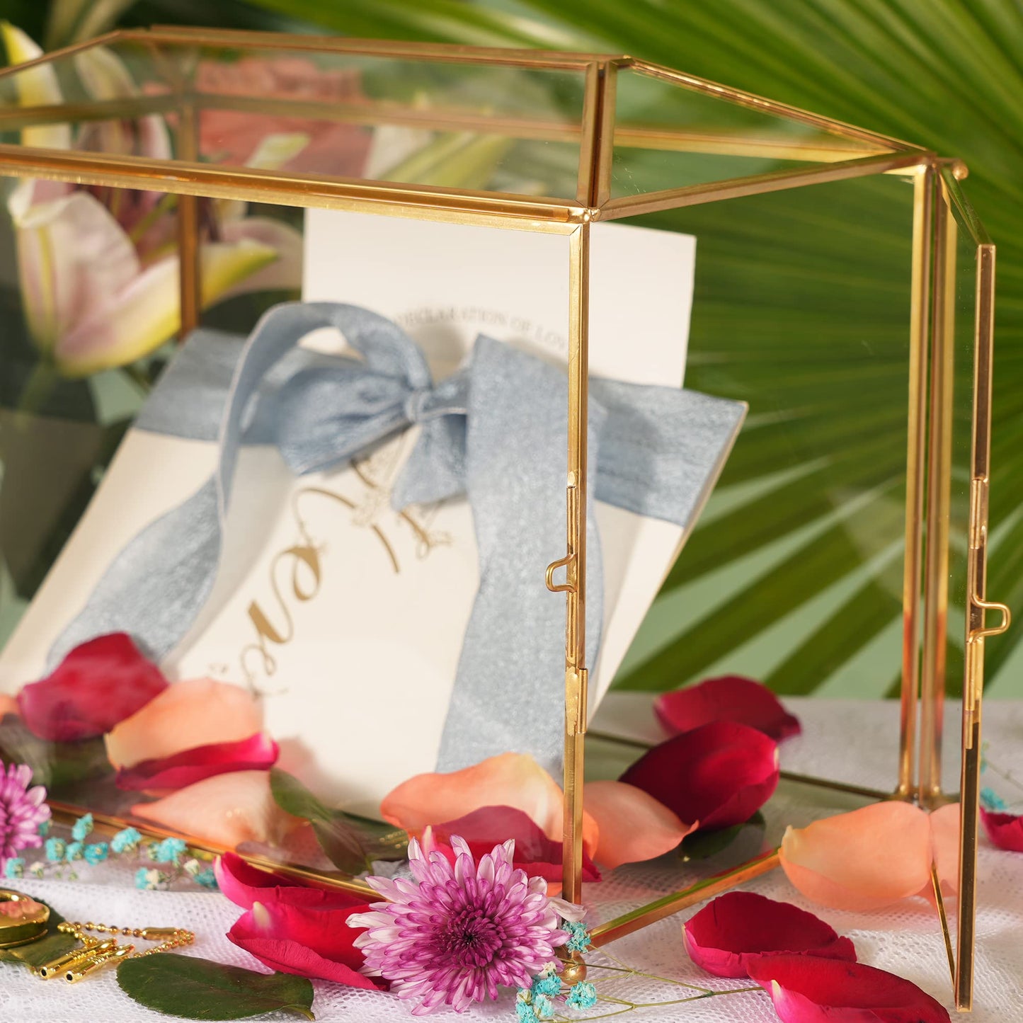 WHSLILR 12.6" Glass Card Box Wedding Card Box with Lock for Wedding Reception Cosmetic Home Decor, Handmade Large Geometric Terrarium with Hinged Lid, Brass Frame - (Golden/Roof)