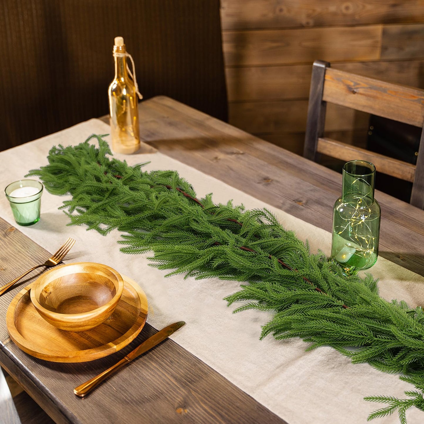 Hananona 2 Pcs 6 Ft Artificial Norfolk Pine Garlands, Real Touch Winter Pine Garland, Green Artificial Greenery Garland for Table, Mantle, Wall, Indoor, Outdoor Christmas Decorations (2, 6 FT)