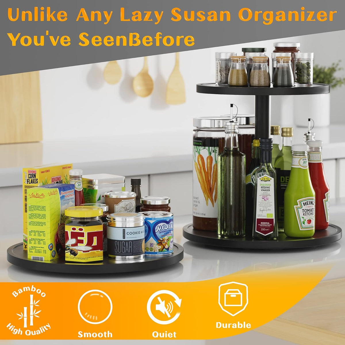 Lazy Susan Organizer Homerays 9 Inch Non-Skid Bamboo Lazy Susan for Kitchen Rotating Spice Rack for Kitchen Cabinet, Wood Turntable for Kitchen Countertop Organizer Black