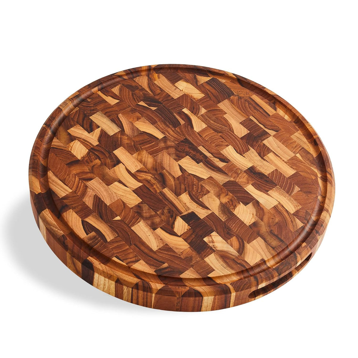 Sonder LA, End Grain Teak Wood Cutting Board 15" Round 1.5" Thick with Juice Groove and Built-in Handles, Charcuterie Serving Board (Gift Box Included)