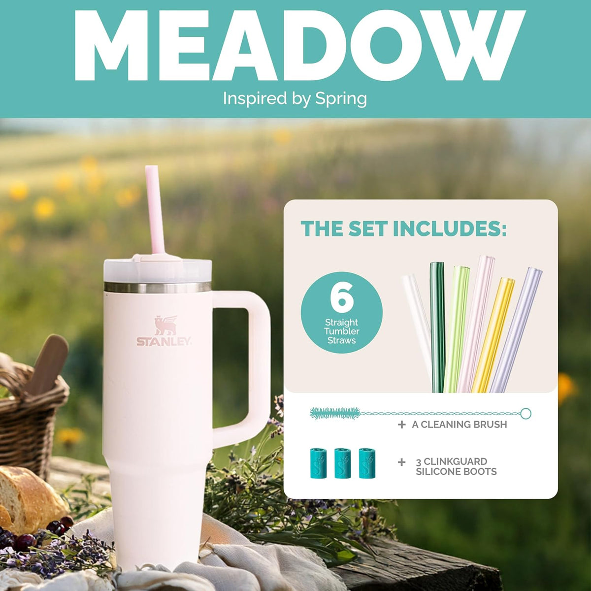 Simply Straws 12 Inch Glass Straws Straight (6-Pack) – Reusable Glass Straws for Stanley 40 Oz Tumbler, with Cleaning Brush – Durable, Dishwasher Safe, Hot & Cold Use, BPA-Free (Meadow)