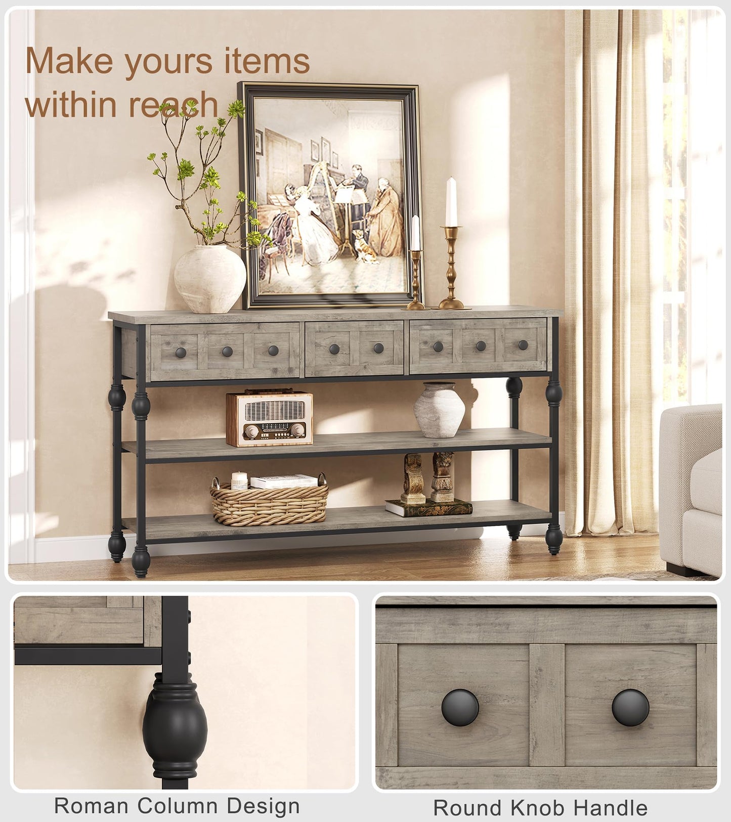 Garvee Console Sofa Table 53", Entryway Table with 3 Drawers, 3 Tier Metal Sofa Table, Open Shelf Behind Couch Table for Hallway, Living Room, Roman Column Design, Grey