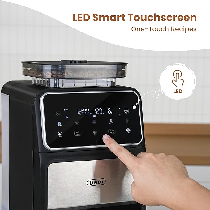 Gevi 10 Cup Drip Coffee Maker with Built-in Grinder, Grind ＆ Brew Burr Combo Coffee Machine with Touch Screen, Programmable, 4-Hour Warm Plate, Permanent Filter, Coffee Carafe
