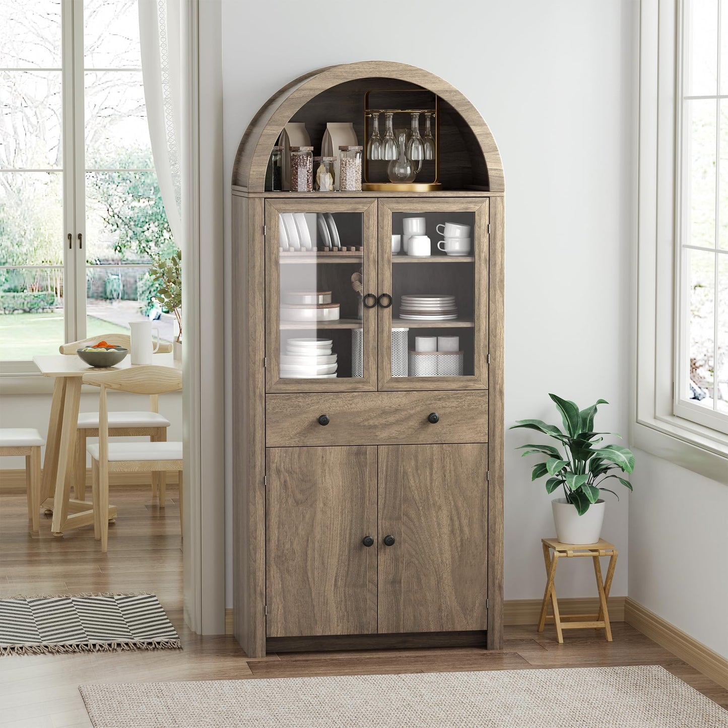 VAXZOFI Arched Kitchen Pantry Cabinet, 71" Tall Wood Kitchens Storage Cabinets with Glass Door and Adjustable Shelves, Modern Farmhouse Versatile Cupboard for Kitchen, Dining Room, Bathroom