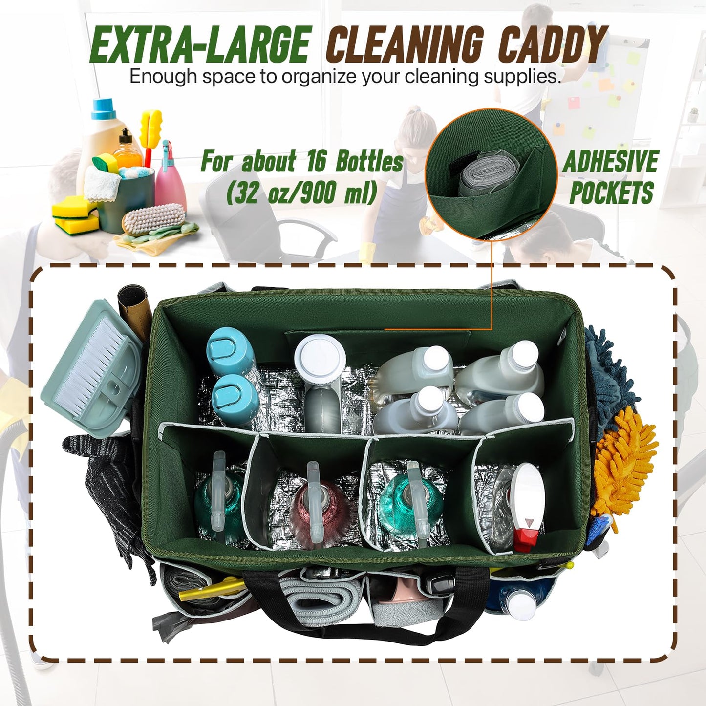 RUCYEN Large Wearable Cleaning Caddy Bag,Cleaning Supplies Organizer with Handles Shoulder Strap for Cleaning Tools Storage, Cleaning Caddy with 4 Foldable Dividers,Cleaning Bags for Housekeepers