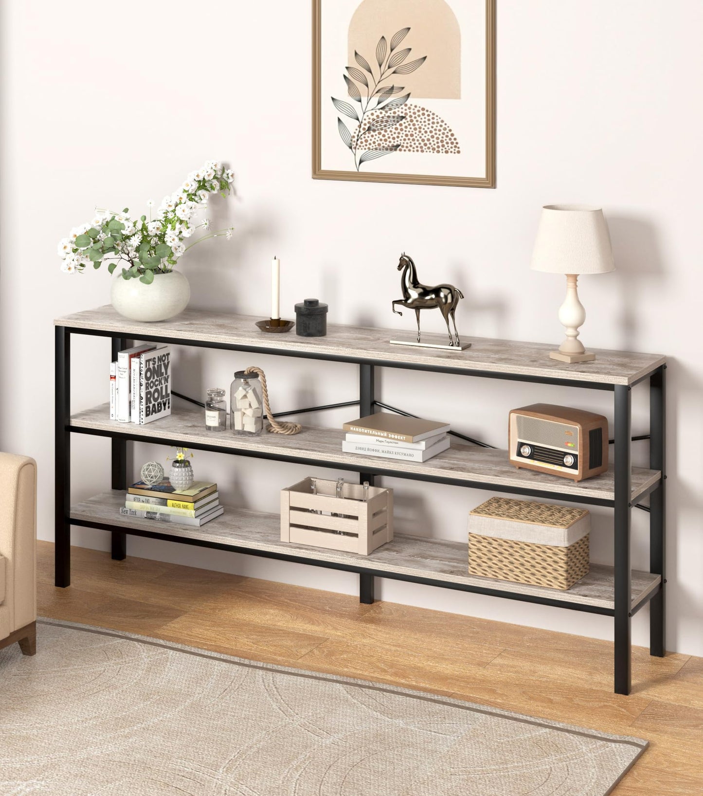 Vida Vistoso 71 Inch Industrial Console Table Behind Couch, Extra Long Sofa Table with 3 Tier Wood Storage Shelves, TV Table with Metal Frame for Living Room, Foyer, Hallway (Oak Grey)
