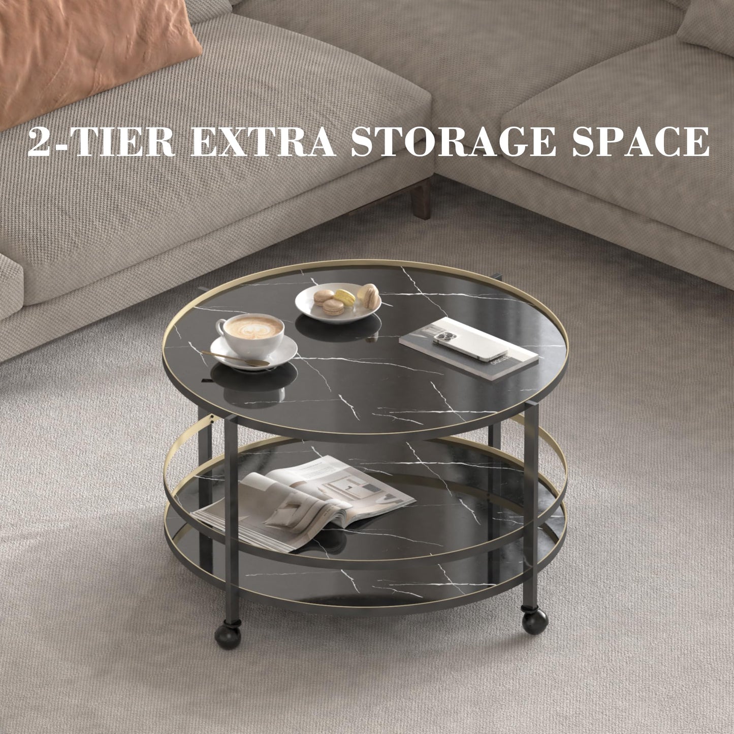 DYZAIMAX Round Coffee Table with Wheels & 2-Tier Design Black Marble-Textured Top, Sturdy Metal Frame & Premium Baked Paint Finish for Living Room, Balcony, Home - Easy Assembly - 31.5"x19.7"