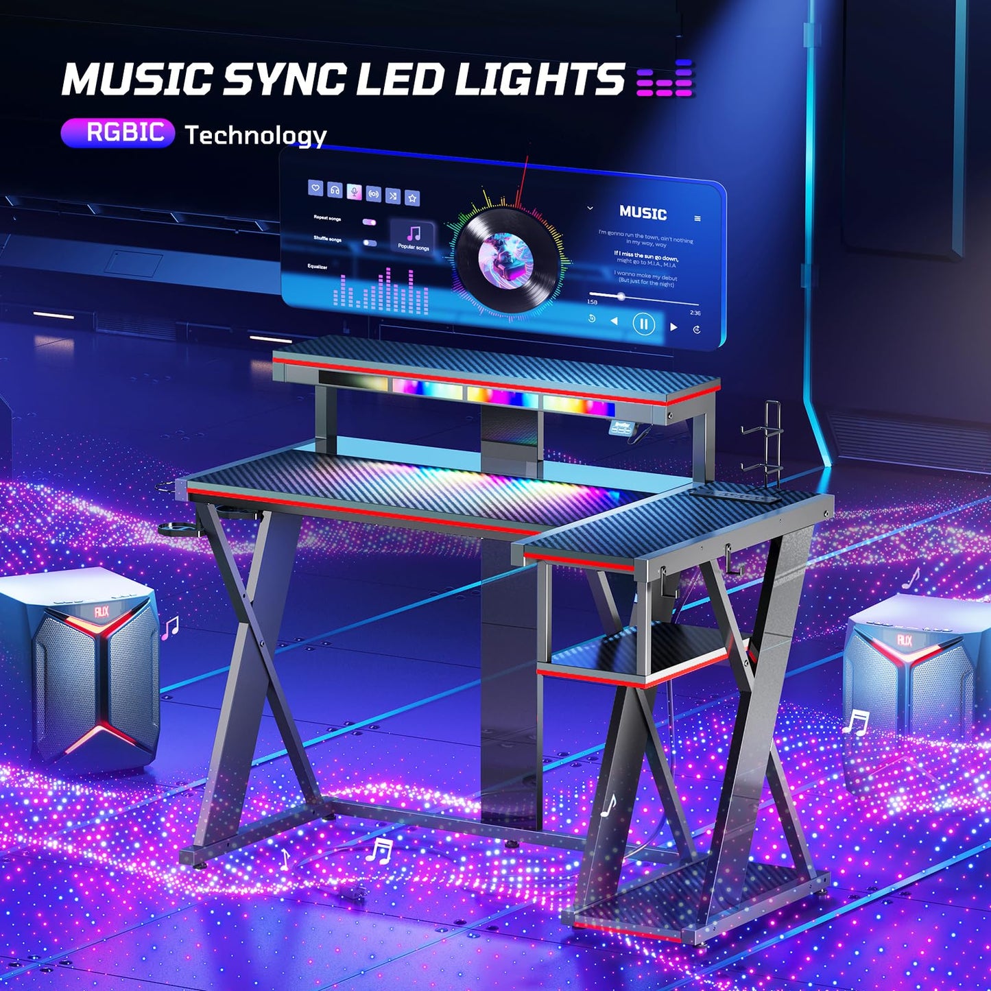 Bestier Computer Desk with Music Sync Light, Flow Vibe Corner Desk with Monitor Stand and PS5 Storage Shelves, Cup Holders, and Headset Hooks for Bedroom Small Space (Black Red, 42 Inch)