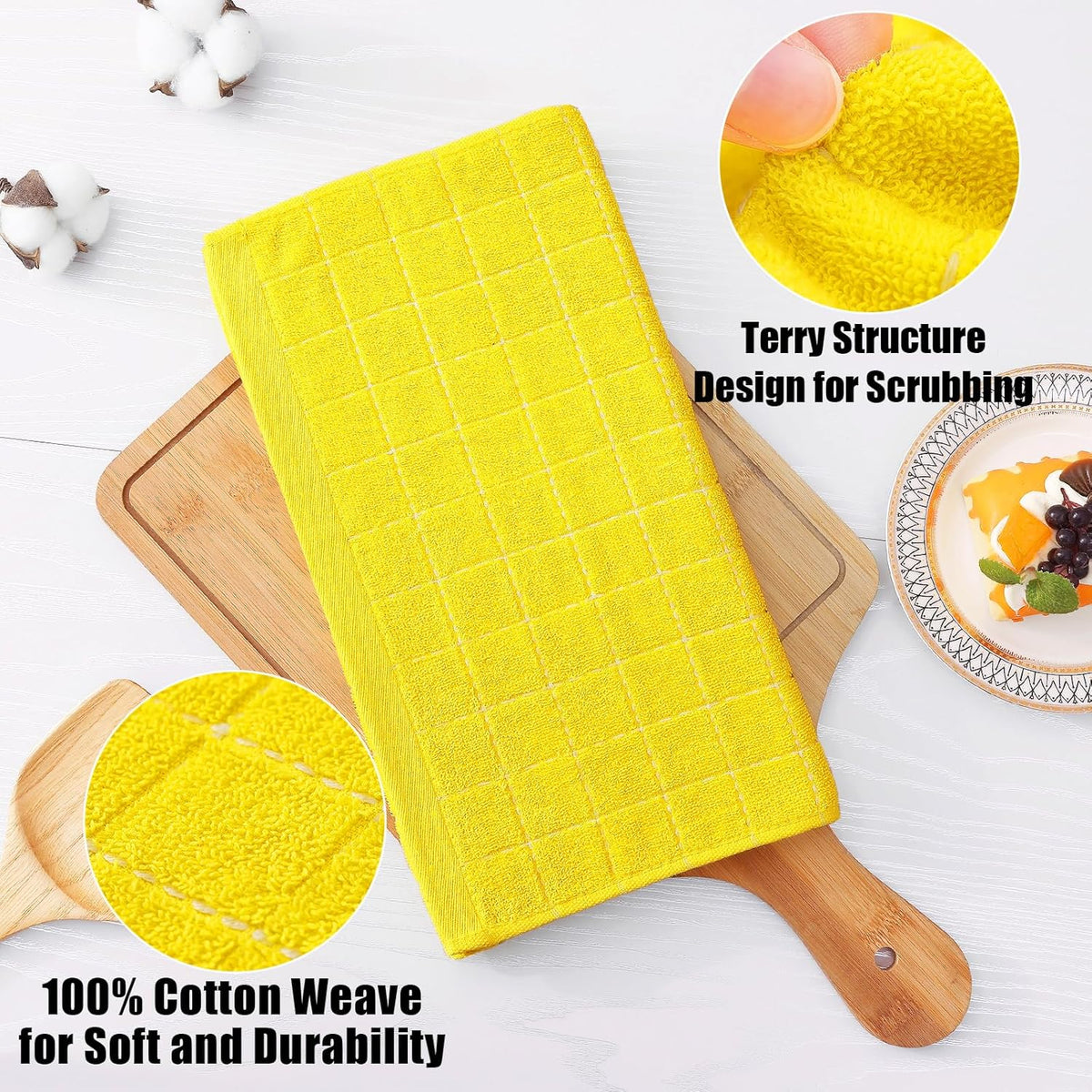 Homaxy 100% Cotton Terry Kitchen Dish Cloths, Ultra Soft and Absorbent Dish Towels for Kitchen, Perfect for Drying and Washing Dishes, 8 Pack, 12 x 12 Inches, Yellow