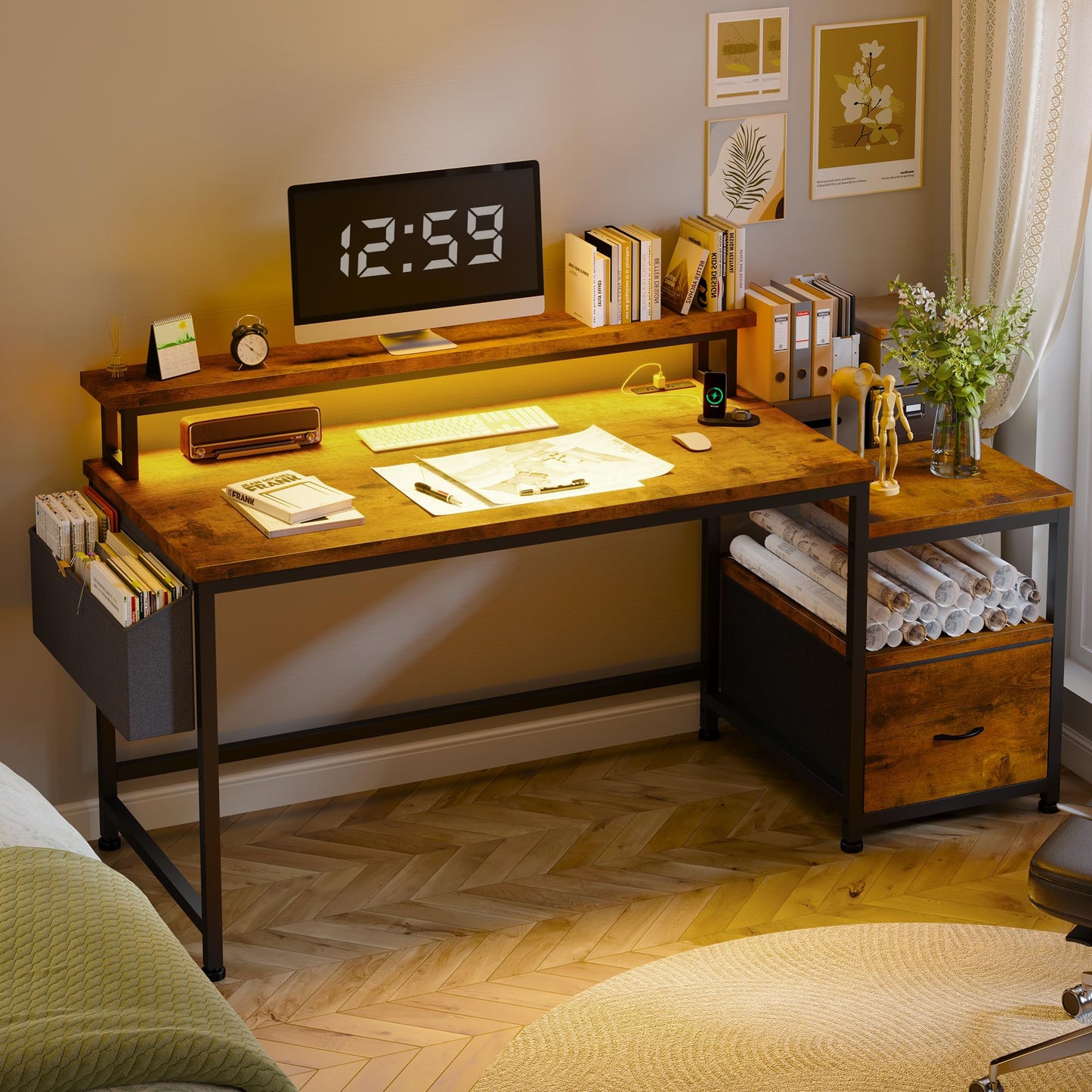 EnHomee 57" Computer Desk with Drawers and Printer Space,Office Desk with Power Outlets,Home Office Desks with File Drawers Cabinet,Study and Gaming Desk with Shelves Monitor Stand,Rustic Brown