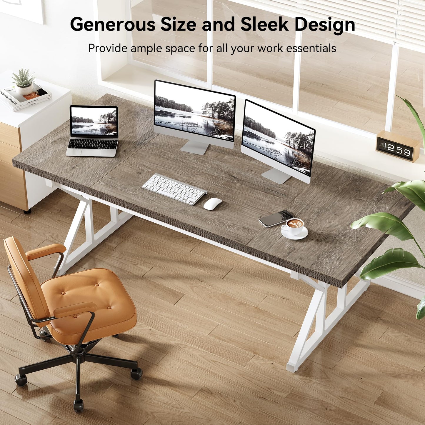 LITTLE TREE 70.8-Inch Large Executive Desk, Modern Computer Office Desk, Wooden Writing Desk Study Table for Home Office, Grey-White