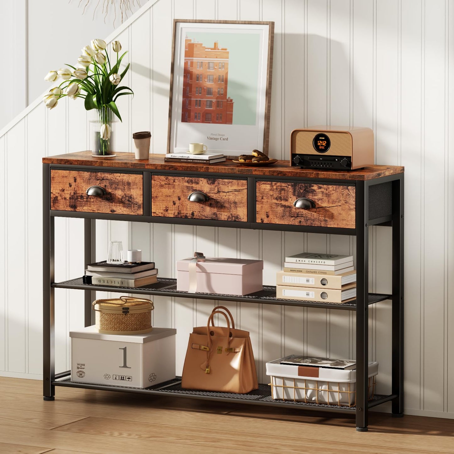 Furologee Entryway Table, 38'' Console Sofa Table with 3 Fabric Drawers, Industrial Entry Way Table with Storage Shelves, Display Shelf for Living Room, Hallway, Entrance, Foyer, Rustic Brown