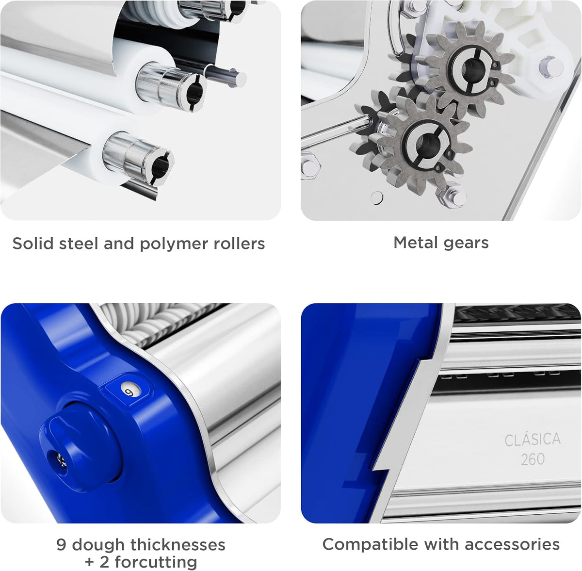PASTALINDA Classic 260 Pasta Maker Machine, 26 cm Wide Rollers, 9 Thickness Positions, 2 Cutting Positions, Stainless Steel. Includes Reinforced Hand Crank And Two Clamps (Blue)