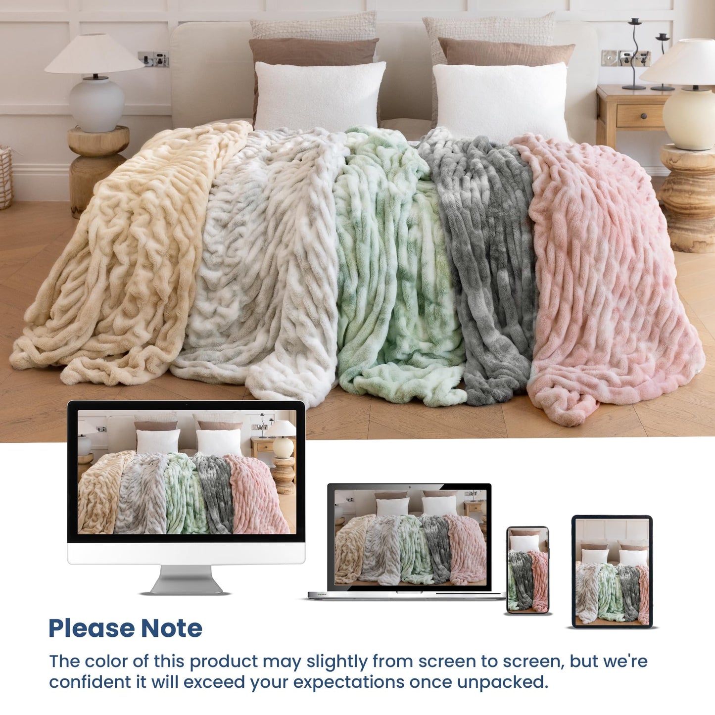 blunique Faux Fur Blanket, Twin Size Oversized Throw Blanket for Couch, Fluffy Blanket with Stretch Ruched Design, Ultra Soft Giftable Home Decor, 60x80 inches, Tie-Dyed in Sage Green