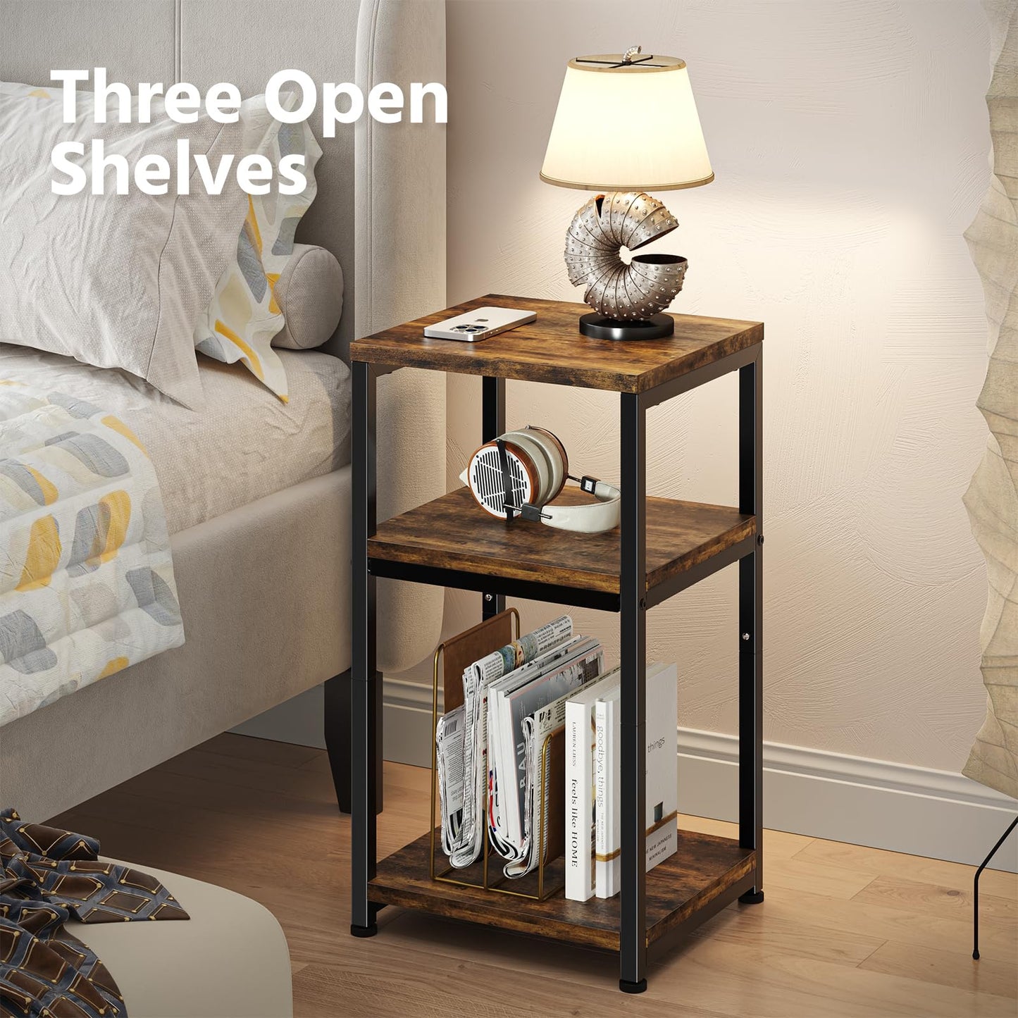 Simple Trending 3 Tier End Table, Side Table Sofa Couch Table, Tall Night Stand Storage Shelf for Living Room, Rustic Brown