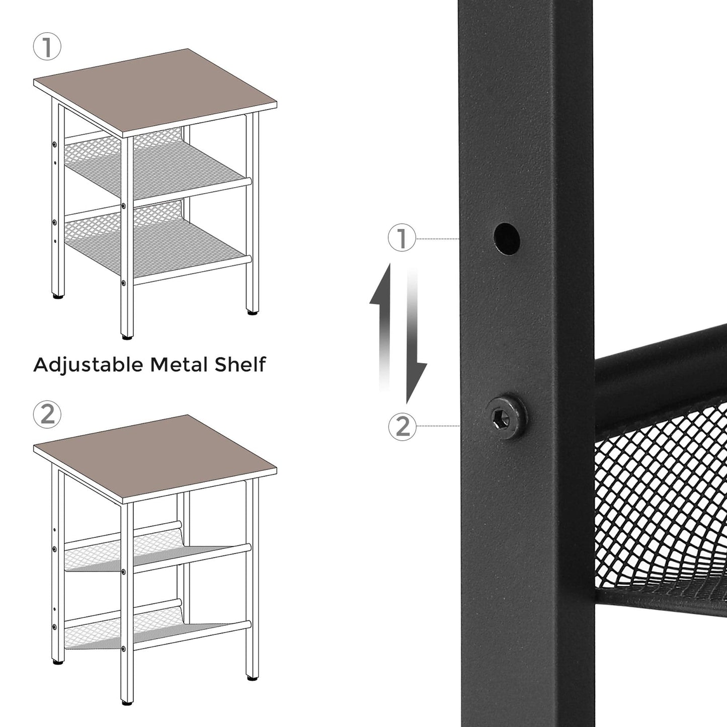 VASAGLE Nightstand, Set of 2 Side Tables, End Tables with Adjustable Mesh Shelves, for Living Room, Bedroom, Industrial, Stable Steel Frame, Easy Assembly, Rustic Brown and Black ULET24X