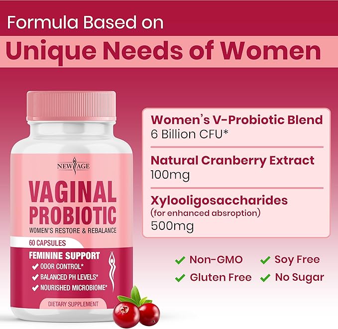 NEW AGE Vaginal Probiotics for Women with Prebiotics, Cranberry Extract, and a Lactobacillus Probiotic Blend, Supports Healthy pH Balance, Odor Control, Vaginal Flora - 60 Capsules