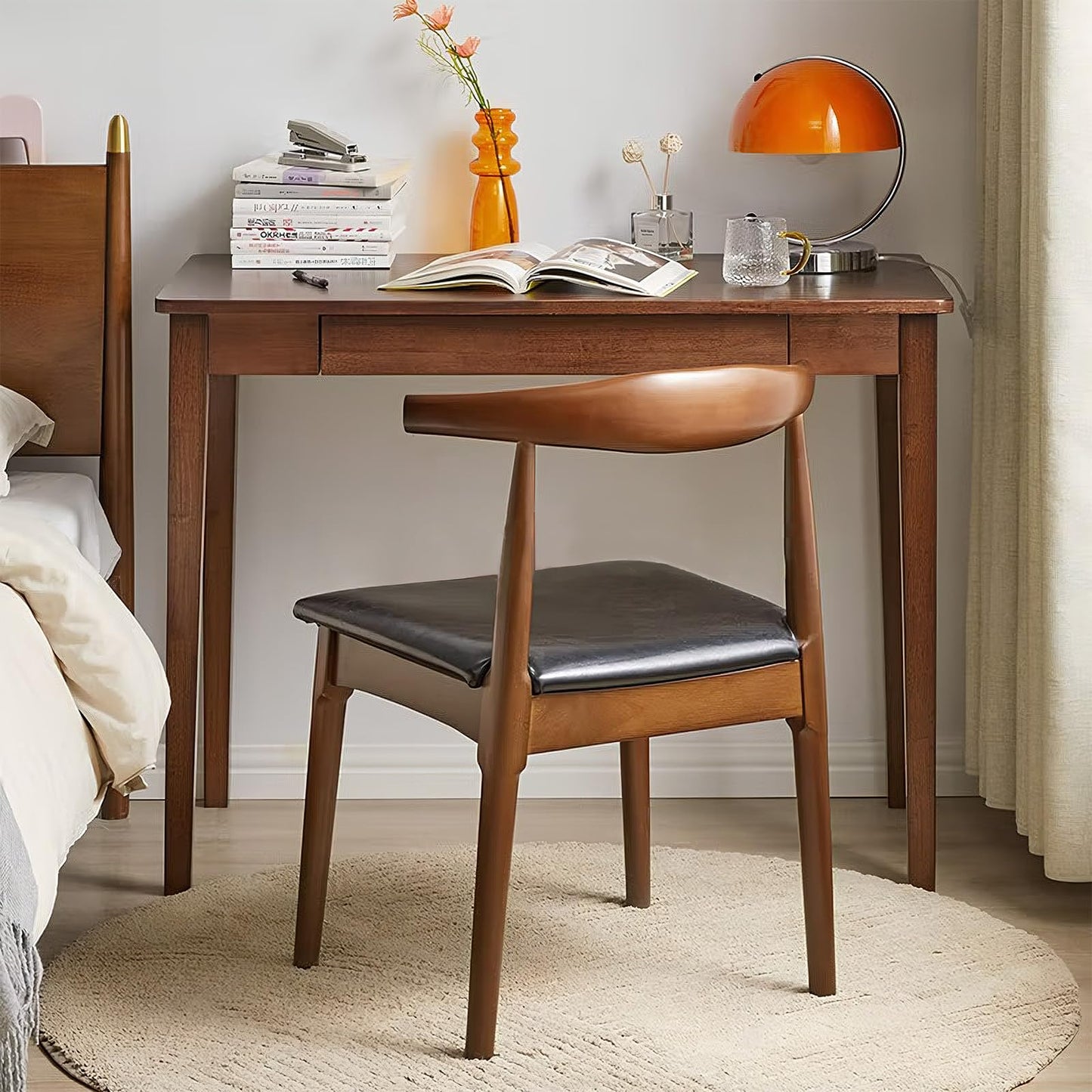 Cttasty Solid Wood Computer Desk with Drawers, Modern Writing Desk for Home Office, Mid Century Modern Desk, Oak Study Table, 35.4x19.9x29.5 inches (Single Drawer), Walnut