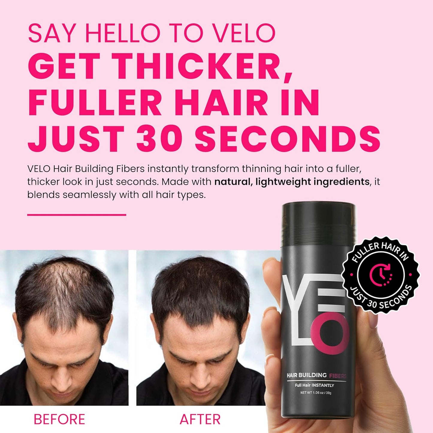 VELO Hair Building Fibers for Thinning Hair –AUBURN Hair Fibers for Men & Women – Covers Bald Spots, Hairline Powder, Hair Thickening Fibers – Hair Filler Powder for Fuller-Looking Hair – 30g