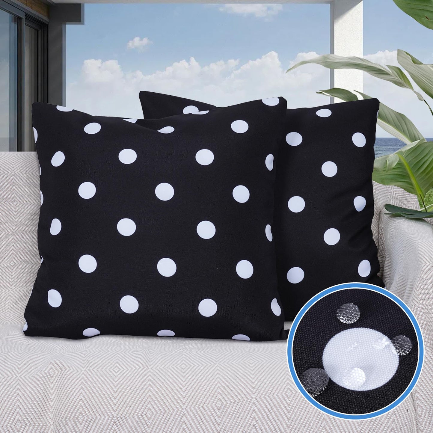 Eternal Beauty Set of 2 Waterproof Outdoor Pillow Covers for Spring Summer Patio Throw Pillows, Black White Polka Dot, 18X18 inches