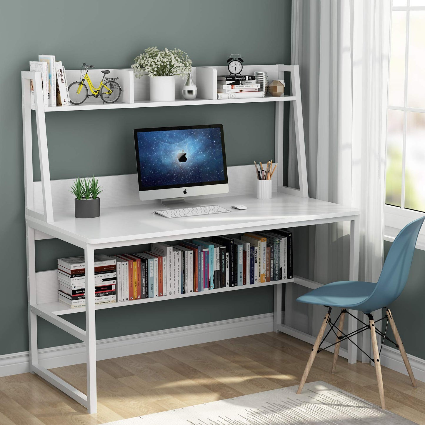 Tribesigns Computer Desk, 47 inch Office Desk with Hutch and Bookshelf, Modern Study Writing Table for Home Office (All White)