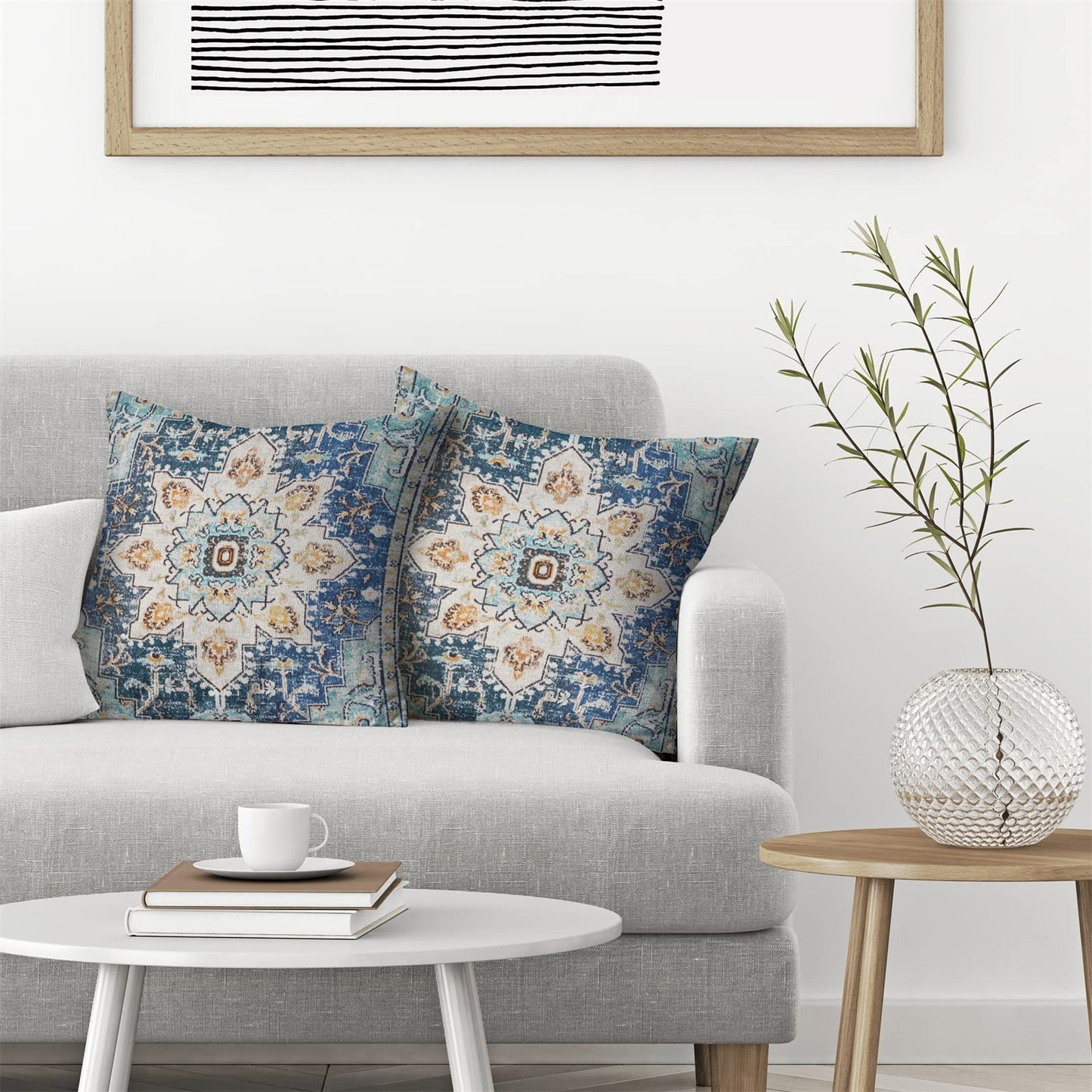 BETGINY Boho Pillow Covers 18x18, Blue and Teal Ethnic Design Outdoor Decorative Throw Pillows for Couch, Carpet Pattern Decor Cushion Cover 2 Pcs Farmhouse Linen Pillowcase for Bed Car Safa