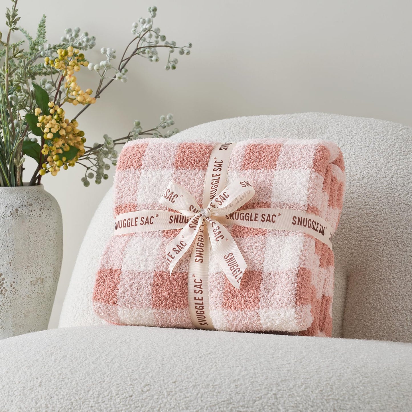 Snuggle Sac Buffalo Plaid Throw Blanket for Couch, Super Soft, Cozy Warm Knit Decorative Blankets, Reversible Plaid Fluffy Throws for Sofa, Bed, Plaid Pink, 50x60 Inches
