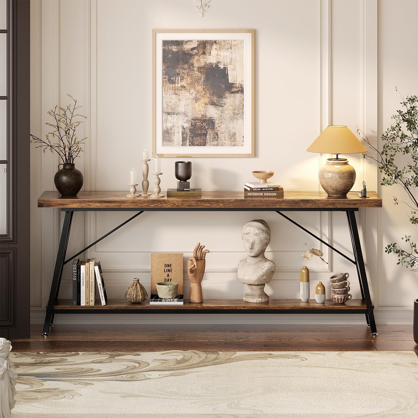 Homieasy 70.9 Inch Extra Long Console Table with Charging Station & Storage Shelf - Industrial Style Sofa Table Behind Couch for Living Room & Entryway, Rustic Brown
