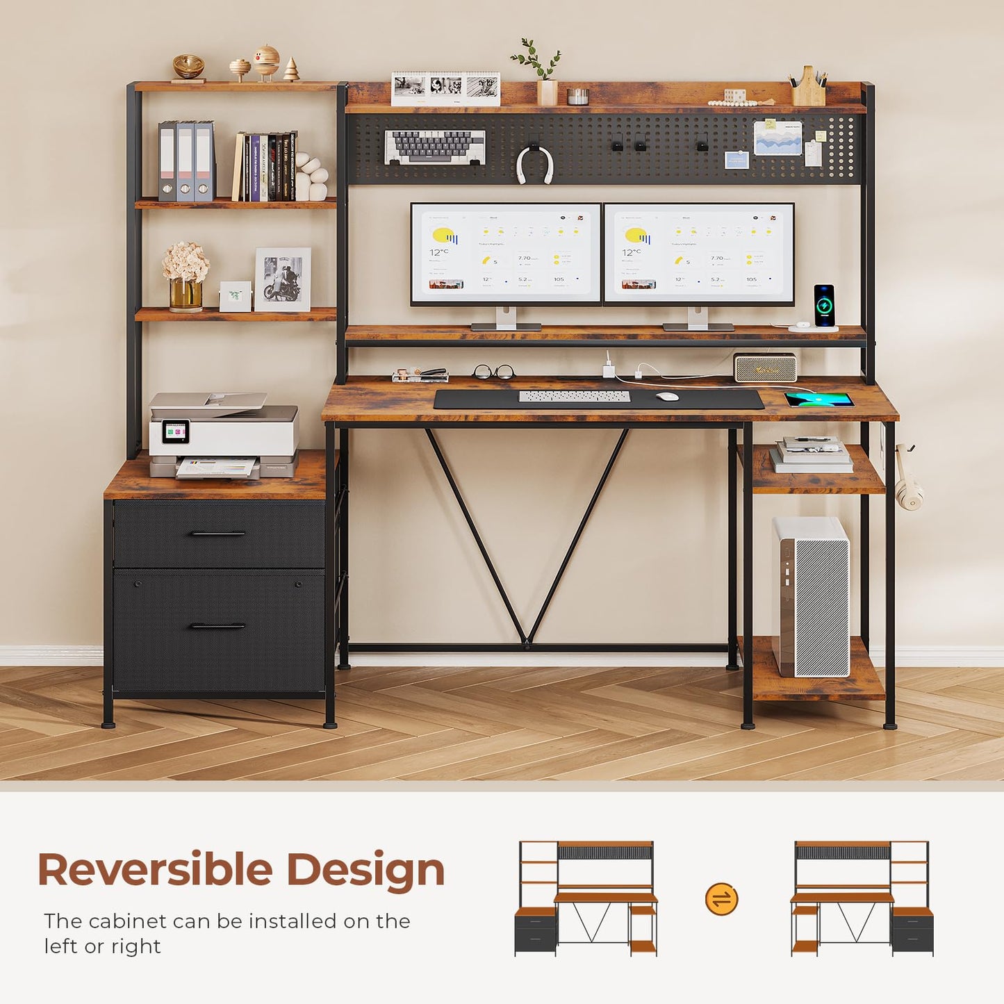 UPOSOJA Gaming Desk with Hutch, 65in Reversible Computer Desk with Power Outlets LED Light, Home Office Desk with Monitor Stand 2 Drawers 4 Storage Shelves Pegboard 8 Hooks Mouse Pad (Brown)