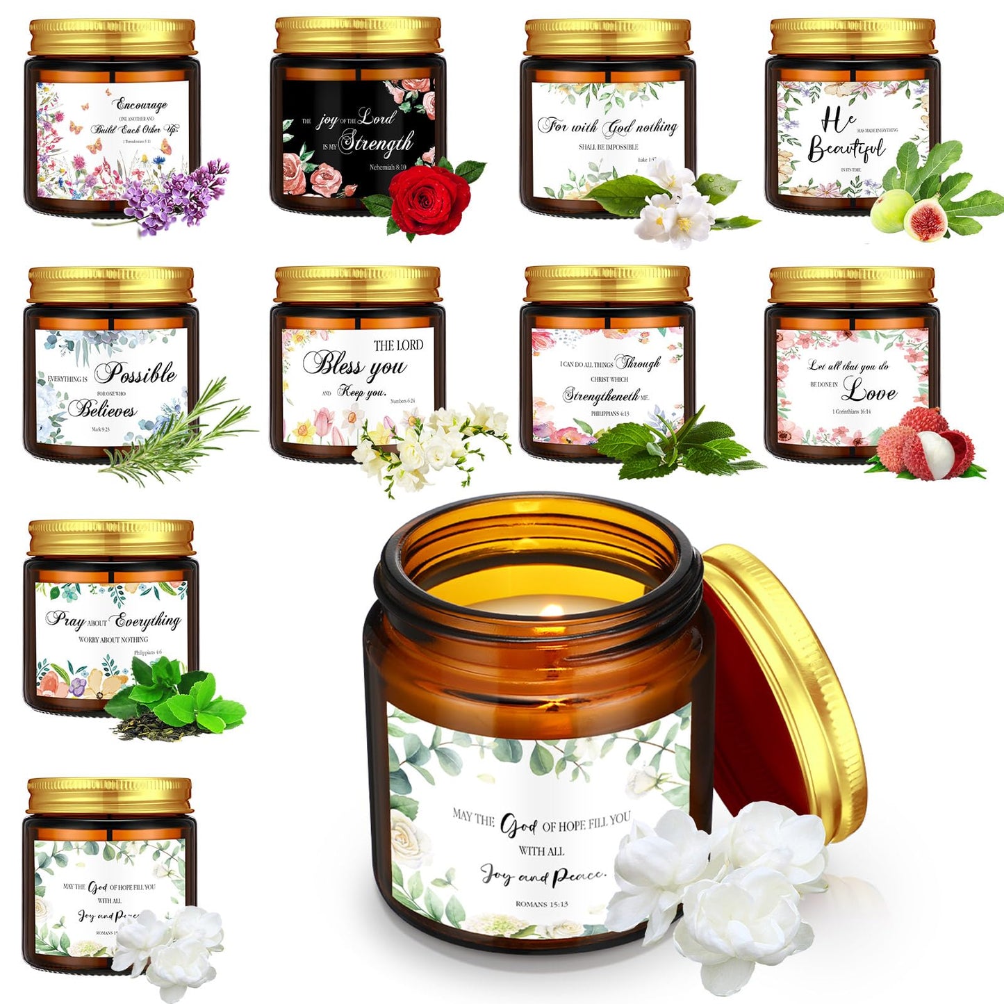 MTLEE 10 Jars Mother's Day Christian Religious Scented Candles 3.5oz Stress Relief Aromatherapy Gifts Natural Soy Decorative Long Lasting Bathroom Candles for Women Birthday Baptism