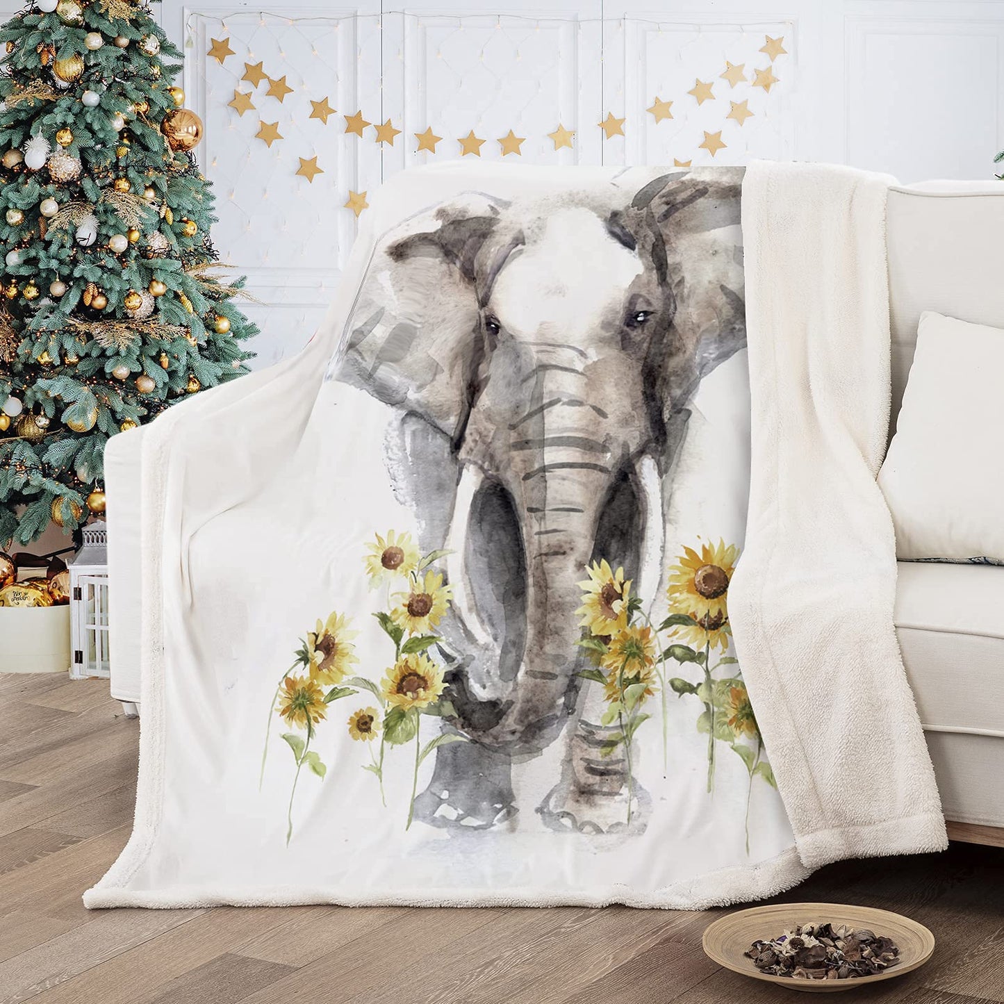 Elephant Blanket Sherpa Fleece Throw, Sunflower Gifts for Women Adults, Super Soft Warm Cozy Plush Bed Throws for Couch Sofa 50" x60"