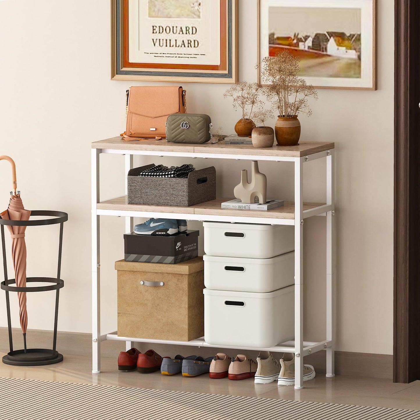 Homeiju Entryway Table with Storage, 3-Tier Console Table 31.5" Width, Industrial Sofa Table with Open Shelves, Foyer Tables for Entryway, Hallway, Kitchen, Living Room and Bedroom, Light Coffee
