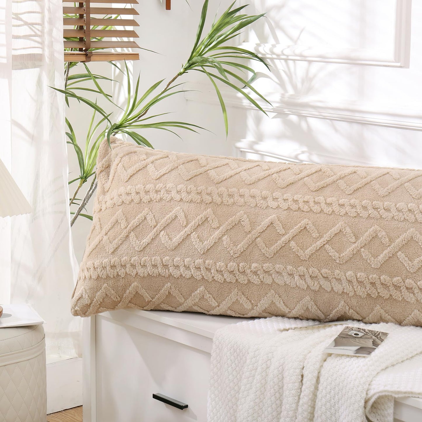 Chumerry Beige Fluffy Body Pillow Cover Faux Fur Pillowcase for Couch Bed Diamond Stripe Geometric Bed Pillow Cover Flannel Fleece Long Pillow Cover