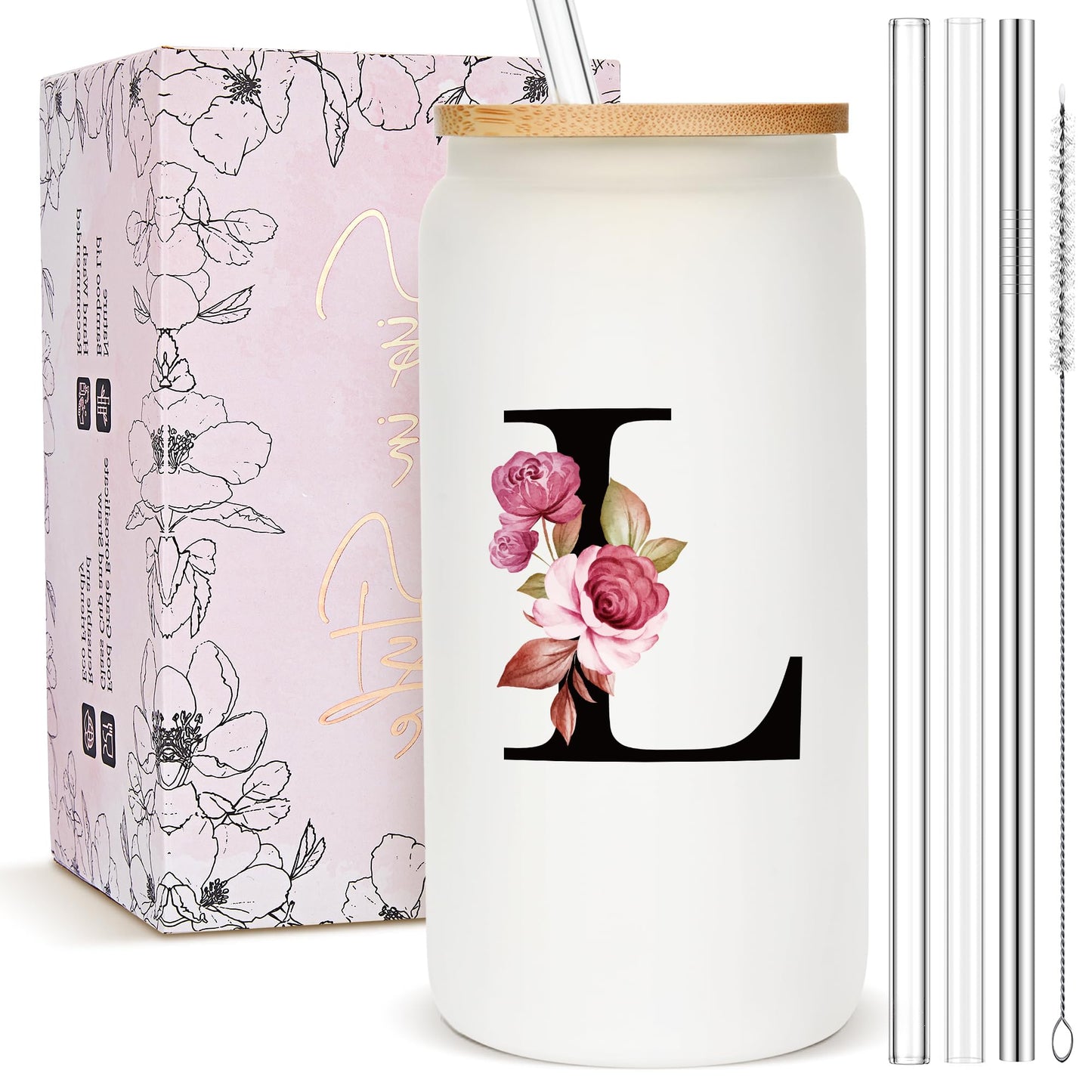 Personalized Gifts for Women, Monogrammed Frosted Glass Tumbler with Straw and Lid, Cute Customized Mug, Custom Initial Iced Coffee Glasses, Customizable Drinking Cup, Birthday Teacher Woman, S