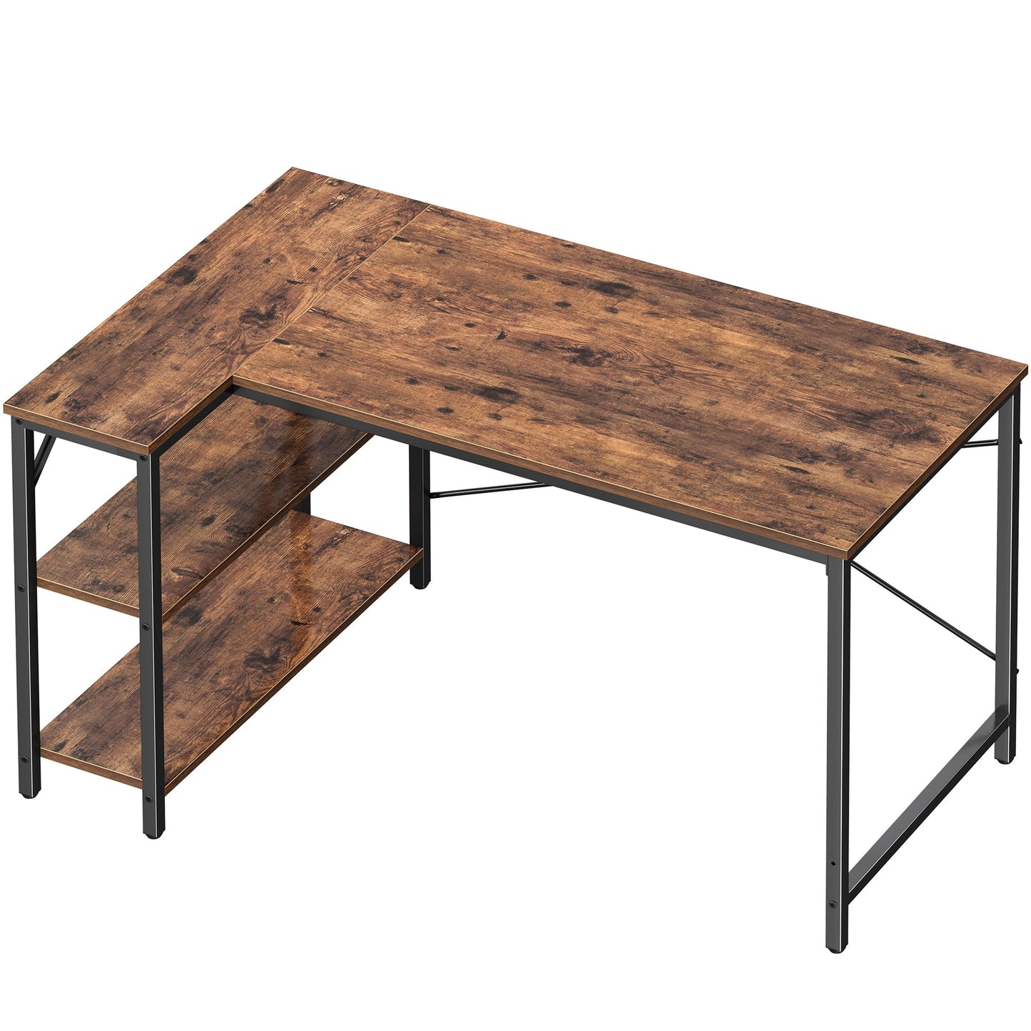Huuger 47 Inches L Shaped Desk, Computer Desk with Reversible Storage Shelves, for Gaming Corner Home Office Writing Study, Metal Frame, Rustic Brown