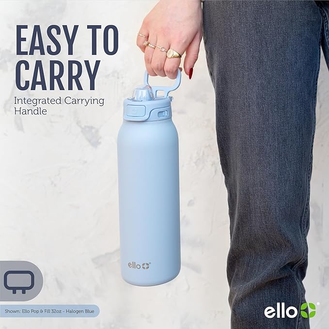 Ello Pop & Fill 32oz Stainless Steel Water Bottle with QuickFill Technology, Double Walled and Vacuum Insulated Metal, Leak Proof Locking Lid, Straw and Chug, Reusable, BPA Free, Black Zebra