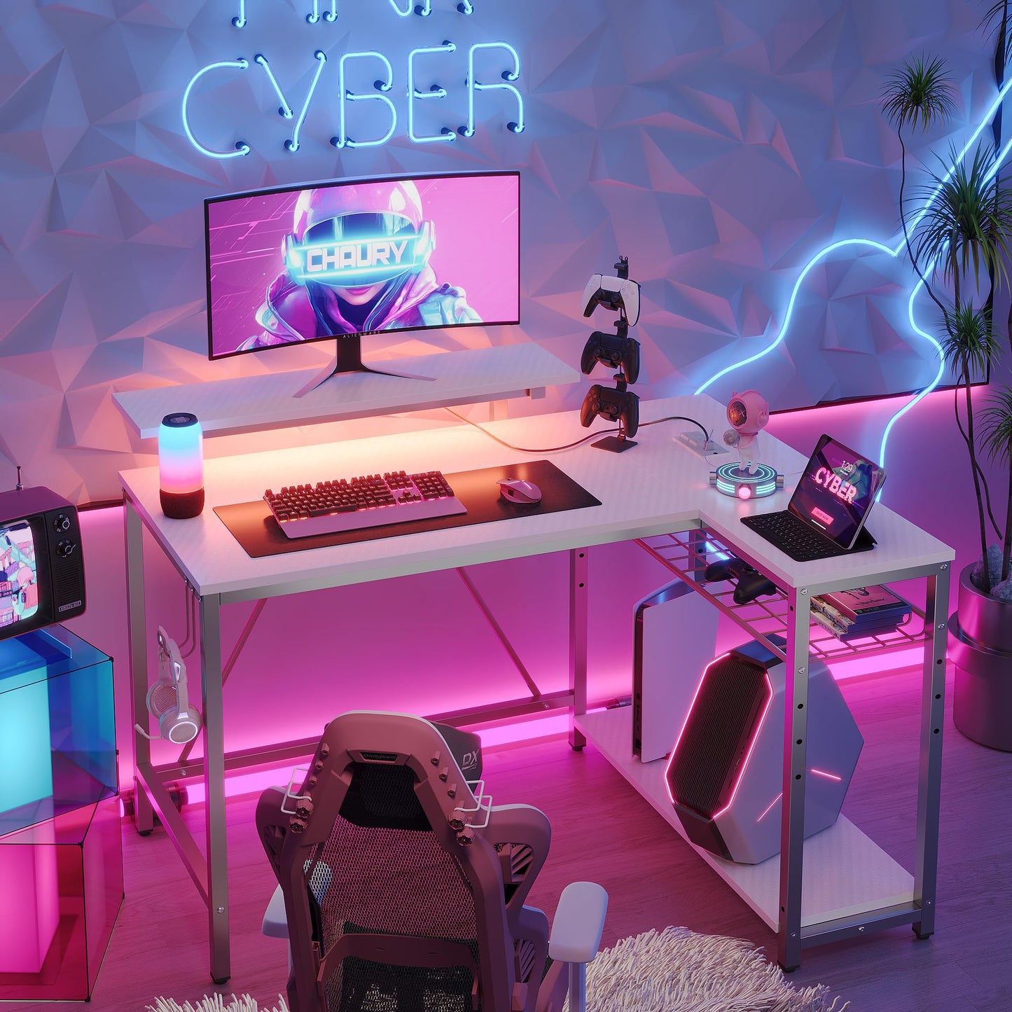 Bestier White Computer Desk with Charging Port & LED Strip,42 inch Modern Gaming Desk with Reversible Storage Shelves,Small L Shaped Desk with Hooks for Home Office