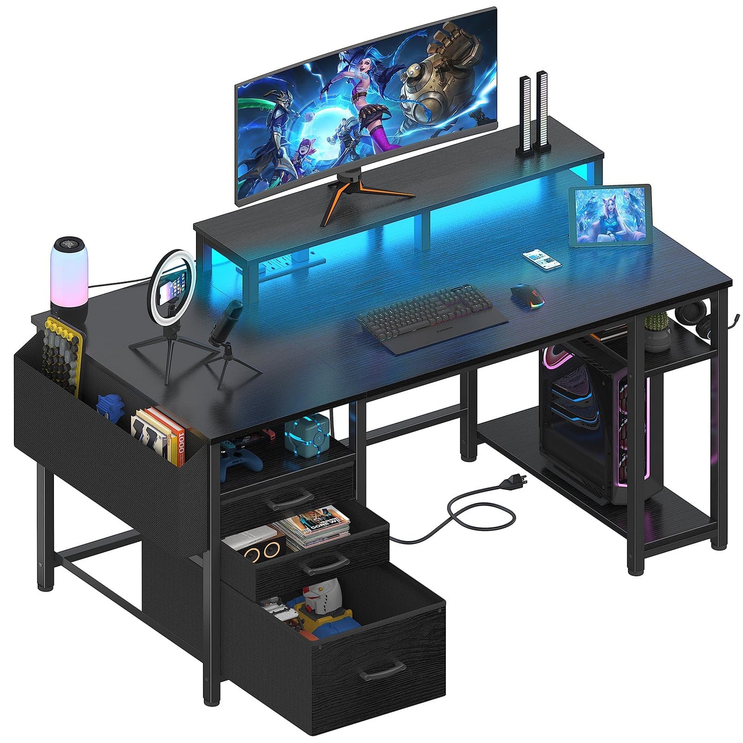 Lufeiya Gaming Desks with Led Lights and Power Outlets, 55 Inch Computer Desk with File Drawers Cabinet, Home Office Desk with Shelves Monitor Stand, Black