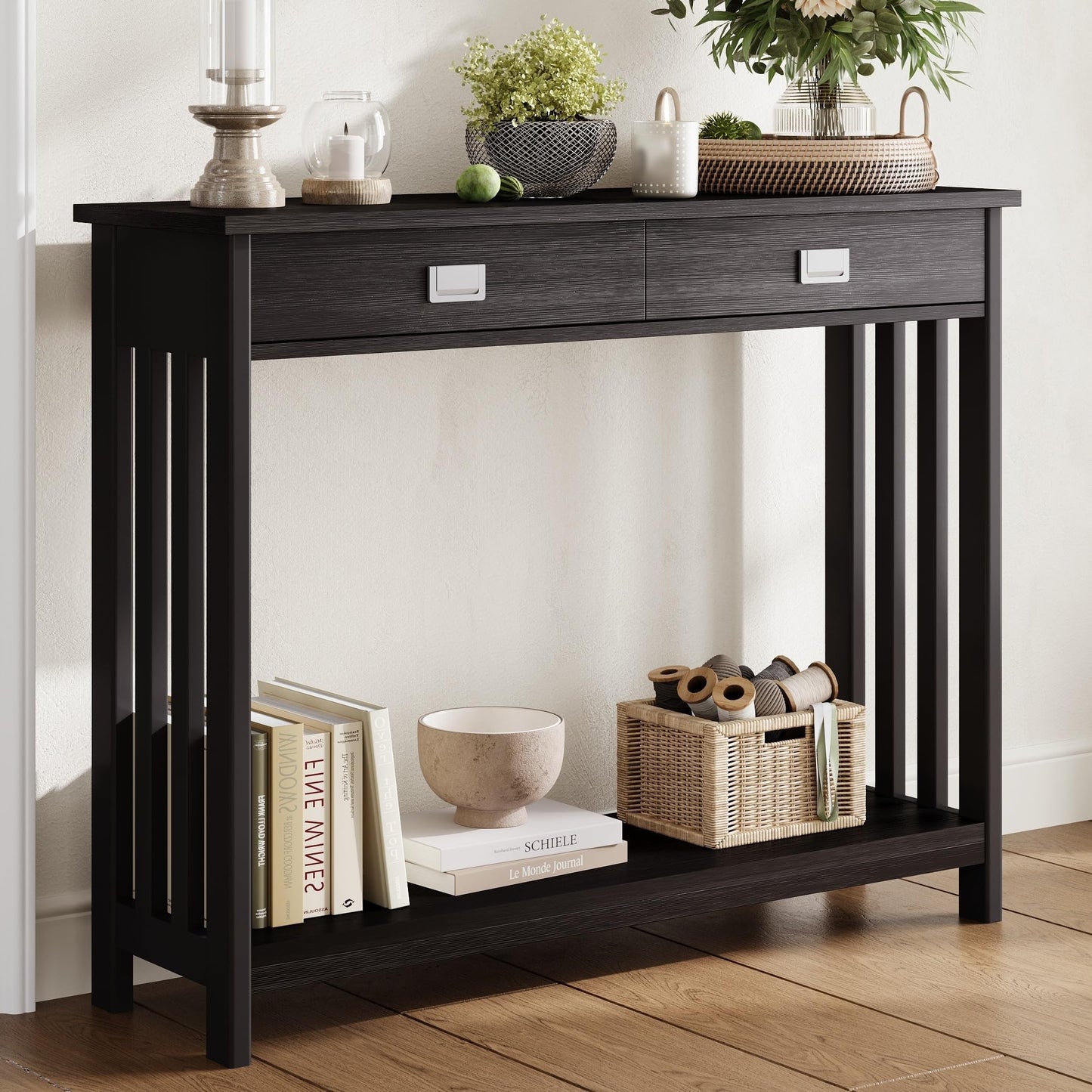 ChooChoo Black Entryway Table with Drawer, Narrow Console Table, Sofa Table with Storage Shelf for Entryway, Living Room and Hallway