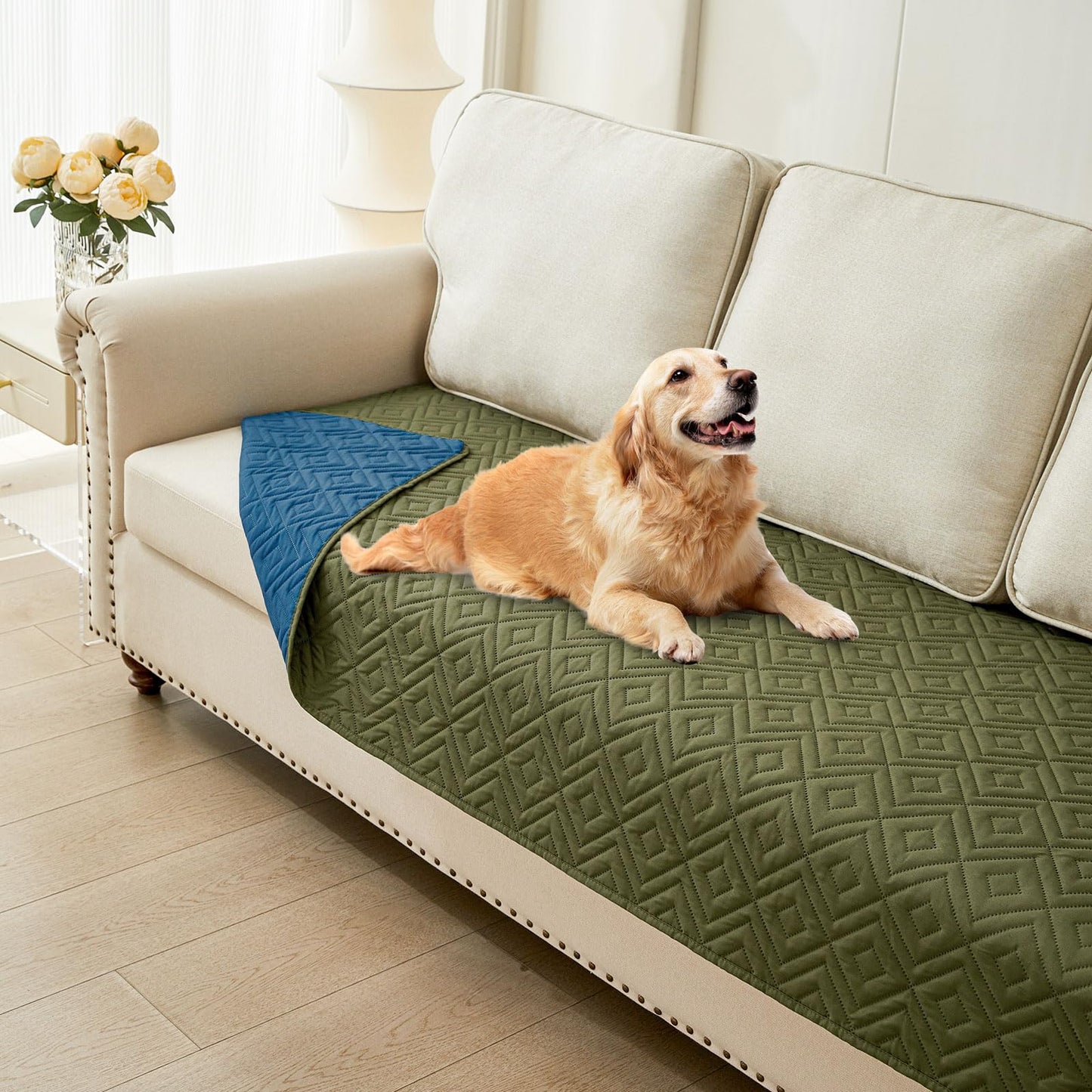 hyha Waterproof Dog Blanket, Soft Pet Bed Blankets, Waterproof Sofa Couch Cover for Dogs Washable, Reversible Pet Couch Covers for Sofa Furniture (30x70 Inch, Green/Navy Blue)